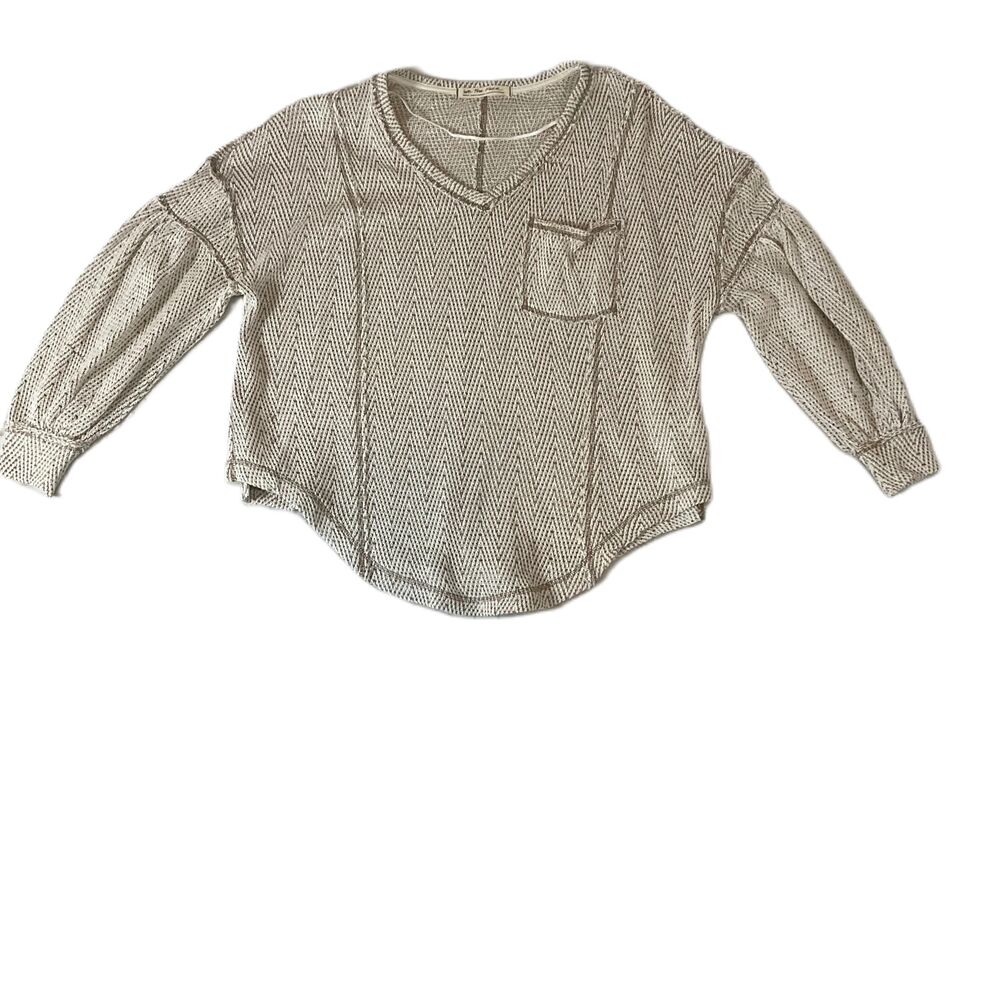 We The Free Beige Oversized Long Sleeve V Neck Casual Top Womens Size Small